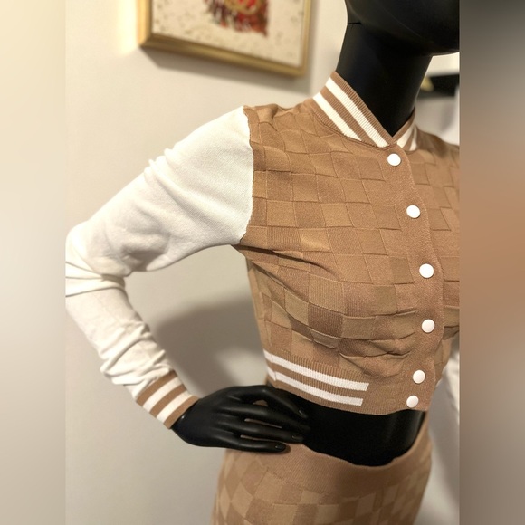 Khaki Two Piece Knit Varsity Stye Jacket Top High Waisted Knit Leggings Joggers - Picture 11 of 13